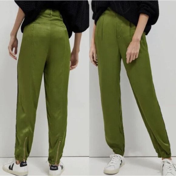 Anthropologie Diandra Green Satin Pleated Joggers Size 16. B-3 - Picture 2 of 11